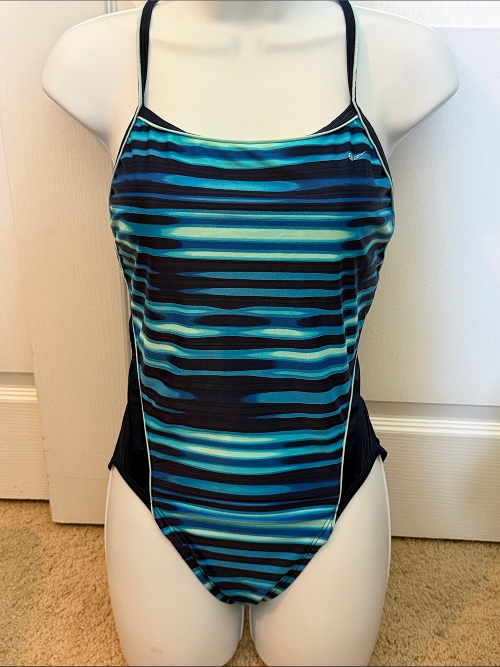 Nike Striped Aqua and Navy One-Piece